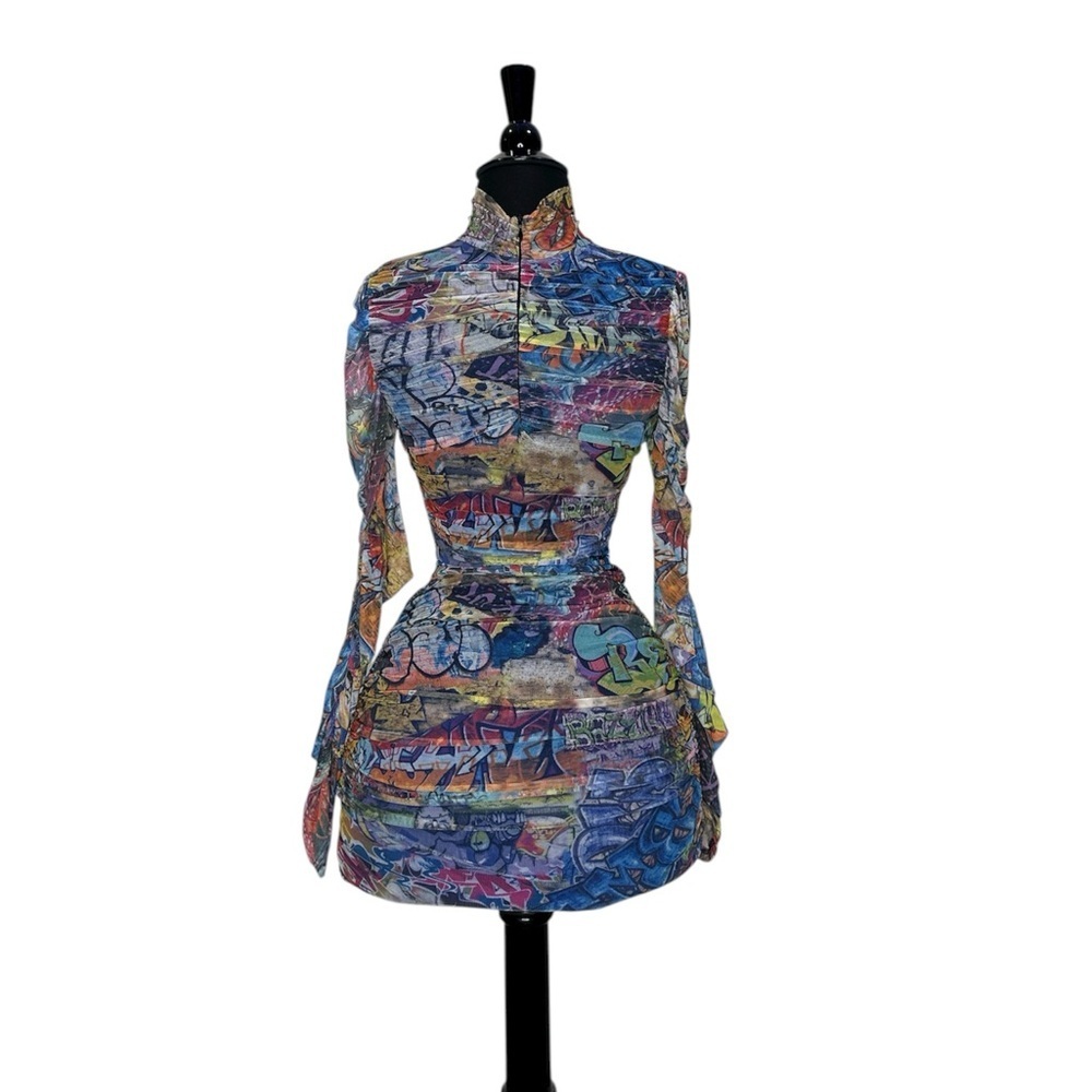 Shelly Colorful Abstract Long Sleeve Sheer Mesh Dress - Picture 4 of 12